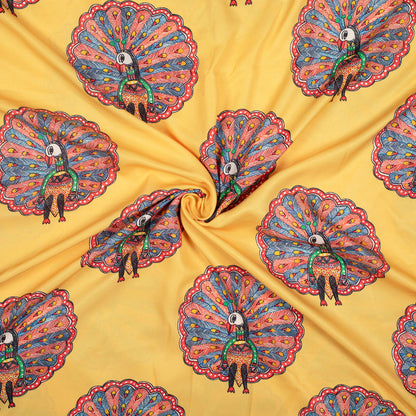 Royal Yellow And Red Madhubani Pattern Digital Print Ultra Premium Butter Crepe Fabric - Fabcurate