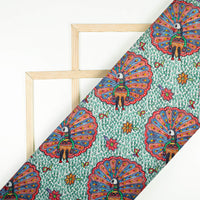 Green And Red Madhubani Pattern Digital Print Ultra Premium Butter Crepe Fabric - Fabcurate