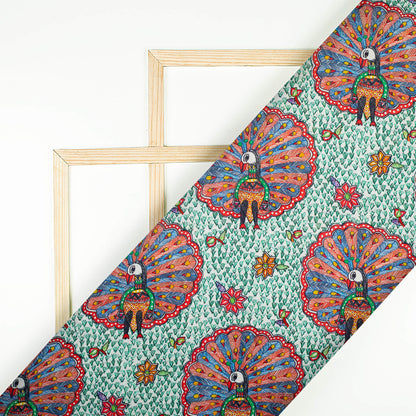 Green And Red Madhubani Pattern Digital Print Ultra Premium Butter Crepe Fabric - Fabcurate