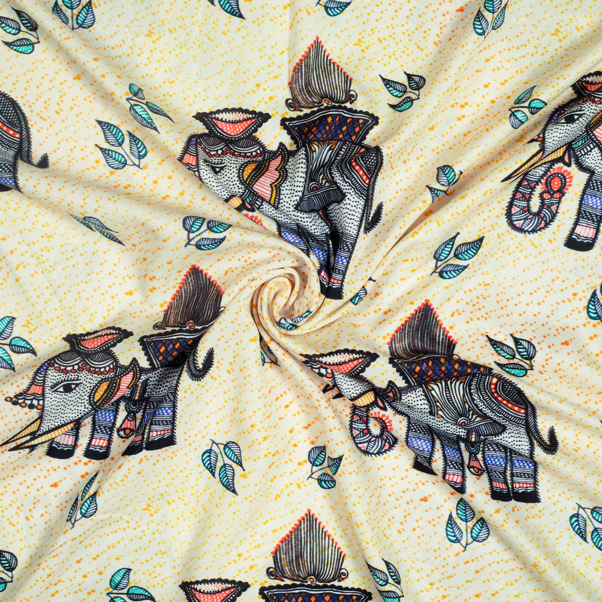Oyster Cream And Black Madhubani Pattern Digital Print Ultra Premium Butter Crepe Fabric - Fabcurate