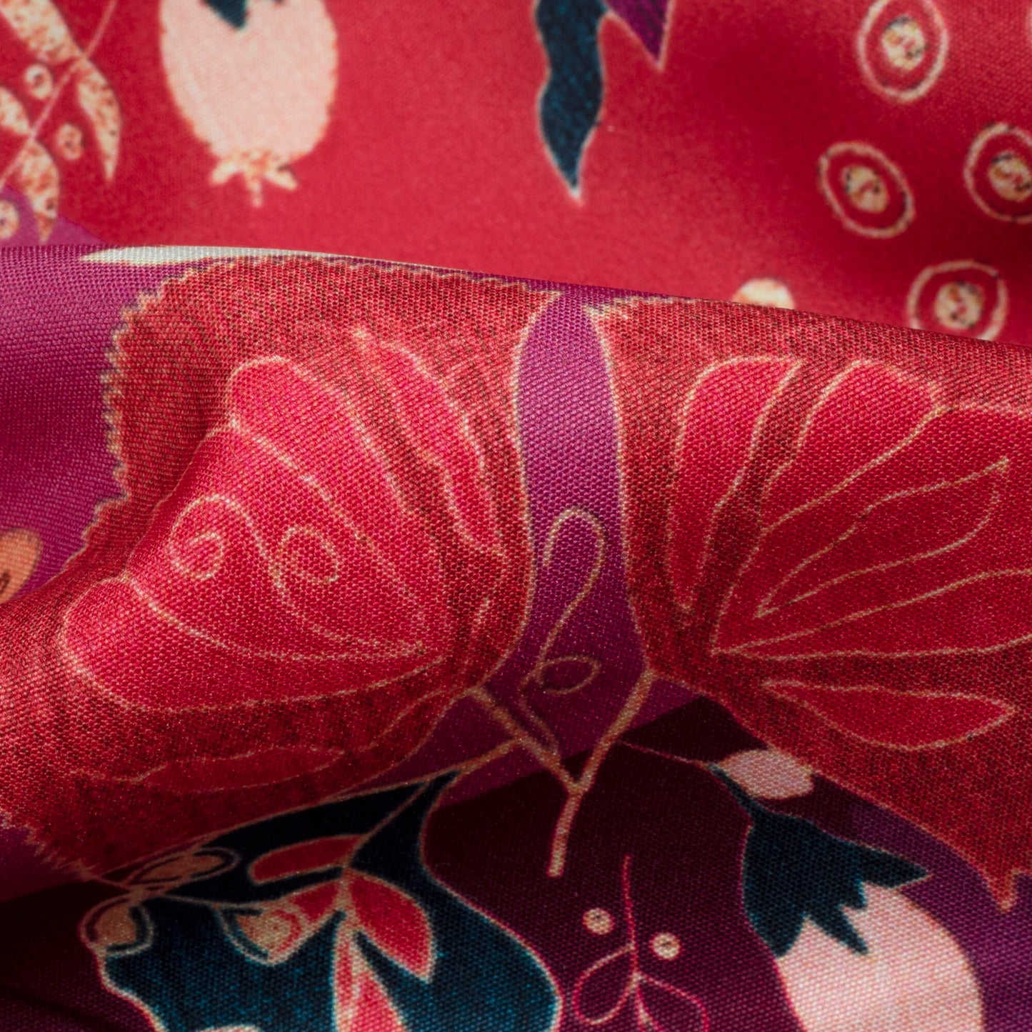 Purple And Red Madhubani Pattern Digital Print Ultra Premium Butter Crepe Fabric - Fabcurate