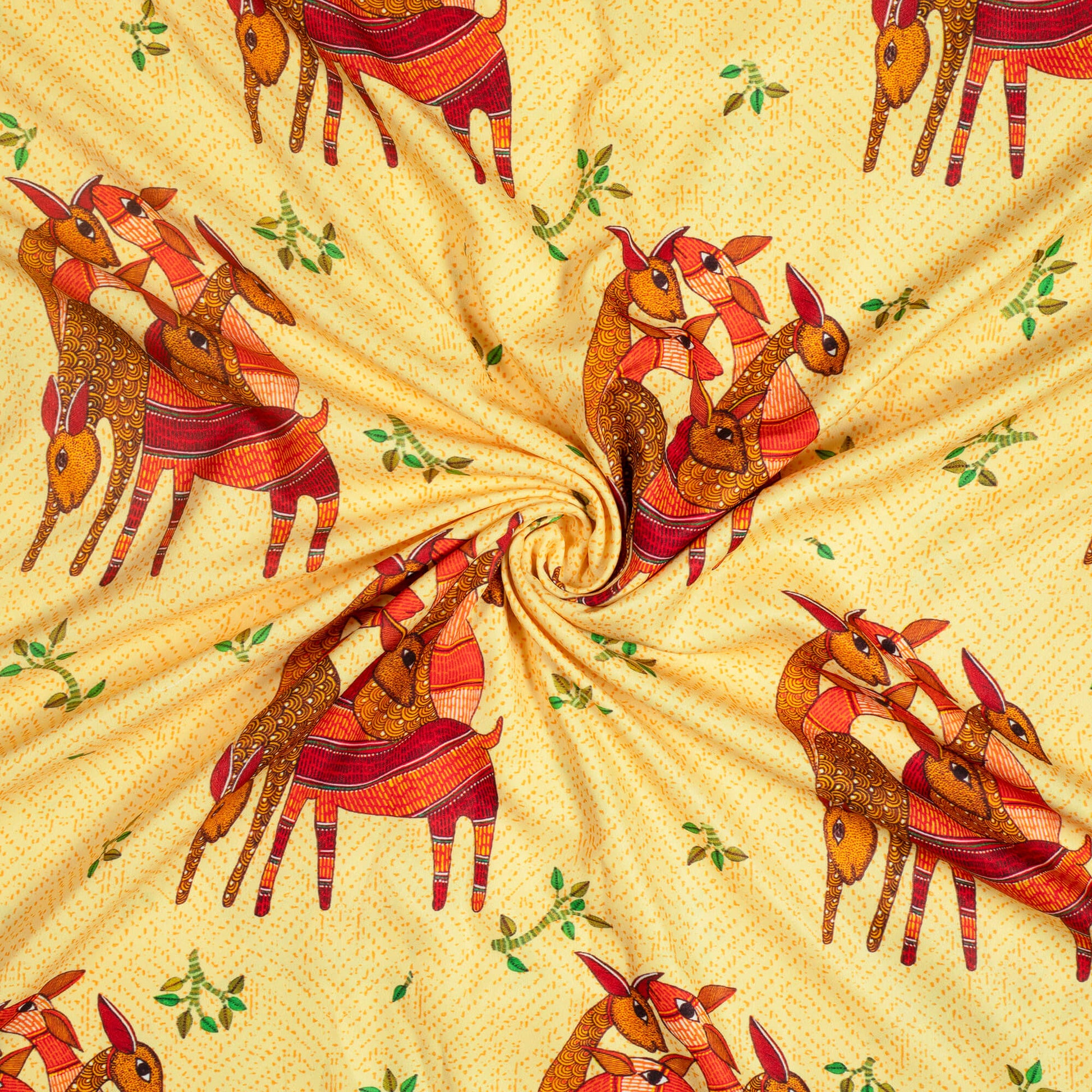 Royal Yellow And Brown Madhubani Pattern Digital Print Ultra Premium Butter Crepe Fabric - Fabcurate