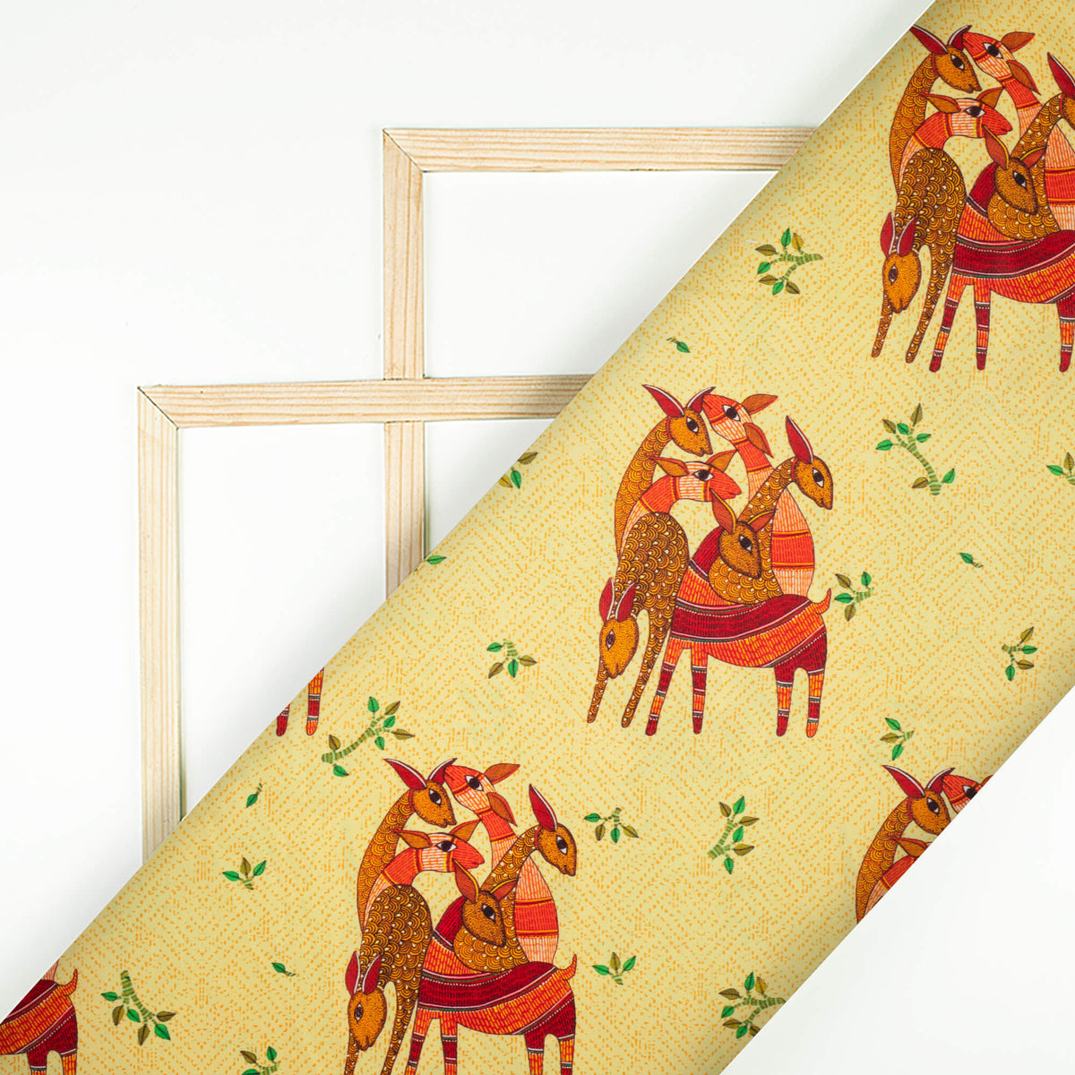 Royal Yellow And Brown Madhubani Pattern Digital Print Ultra Premium Butter Crepe Fabric - Fabcurate