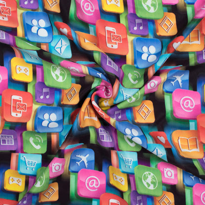 Multi-Color Social Media Pattern Digital Print Ultra Premium Butter Crepe Fabric - Fabcurate