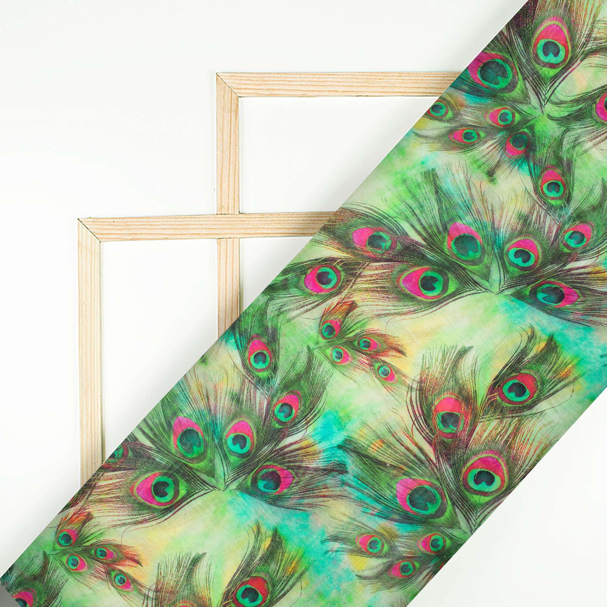 Green And Turquoise Blue Peacock Feather Pattern Digital Print Pure Cotton Mulmul Fabric - Fabcurate