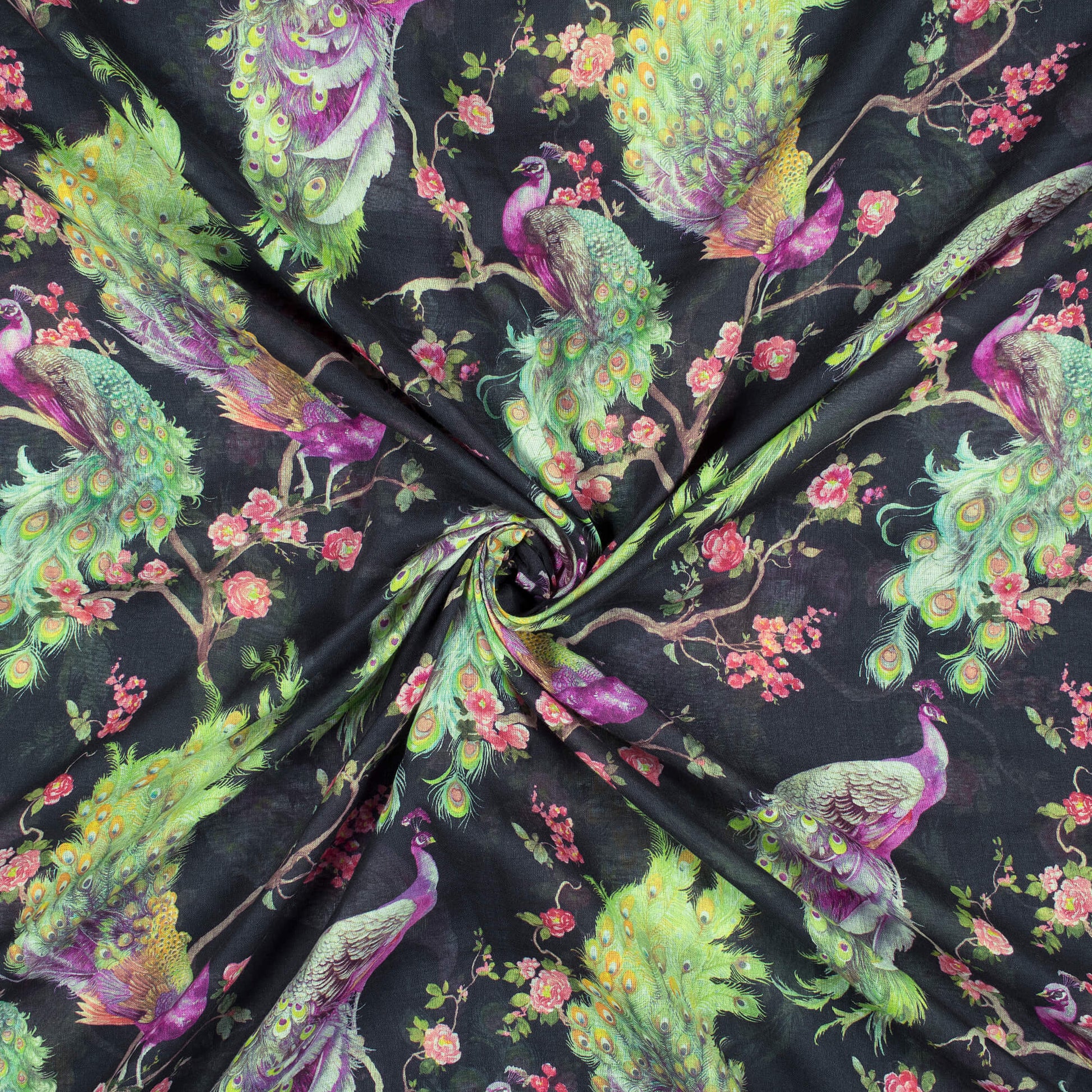 Black And Paris Green Peacock Feather Pattern Digital Print Pure Cotton Mulmul Fabric - Fabcurate