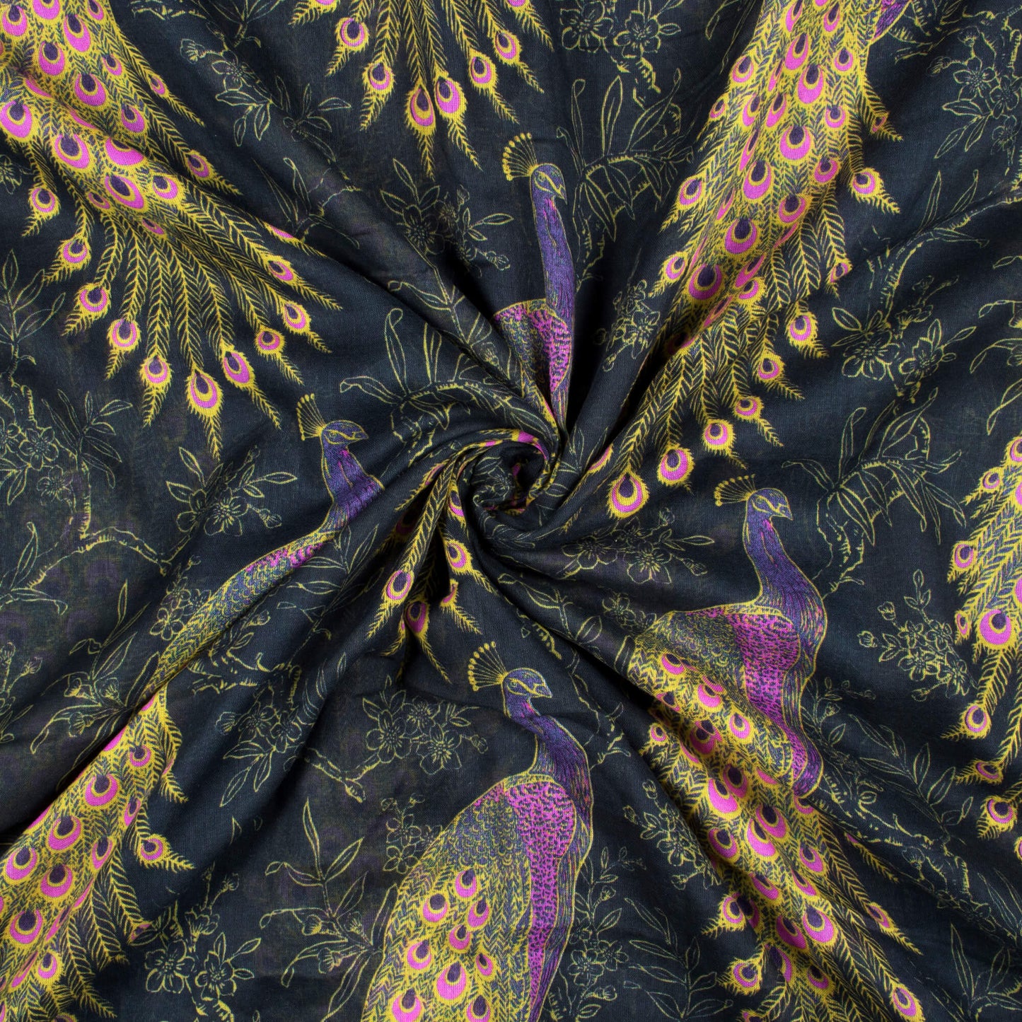 Black And Purple Peacock Feather Pattern Digital Print Pure Cotton Mulmul Fabric - Fabcurate