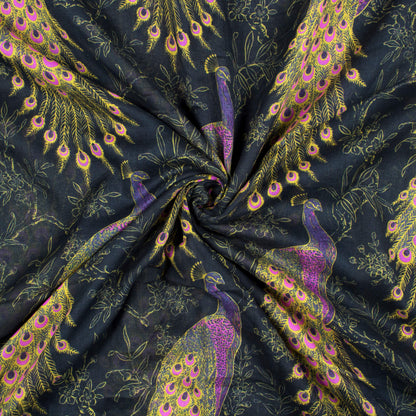Black And Purple Peacock Feather Pattern Digital Print Pure Cotton Mulmul Fabric - Fabcurate