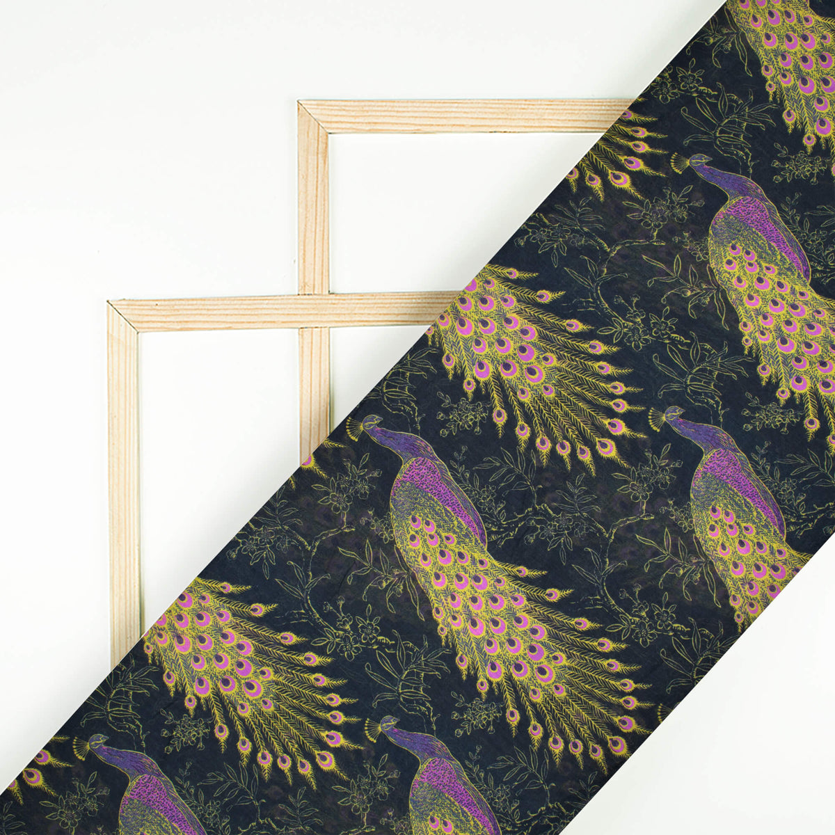 Black And Purple Peacock Feather Pattern Digital Print Pure Cotton Mulmul Fabric - Fabcurate