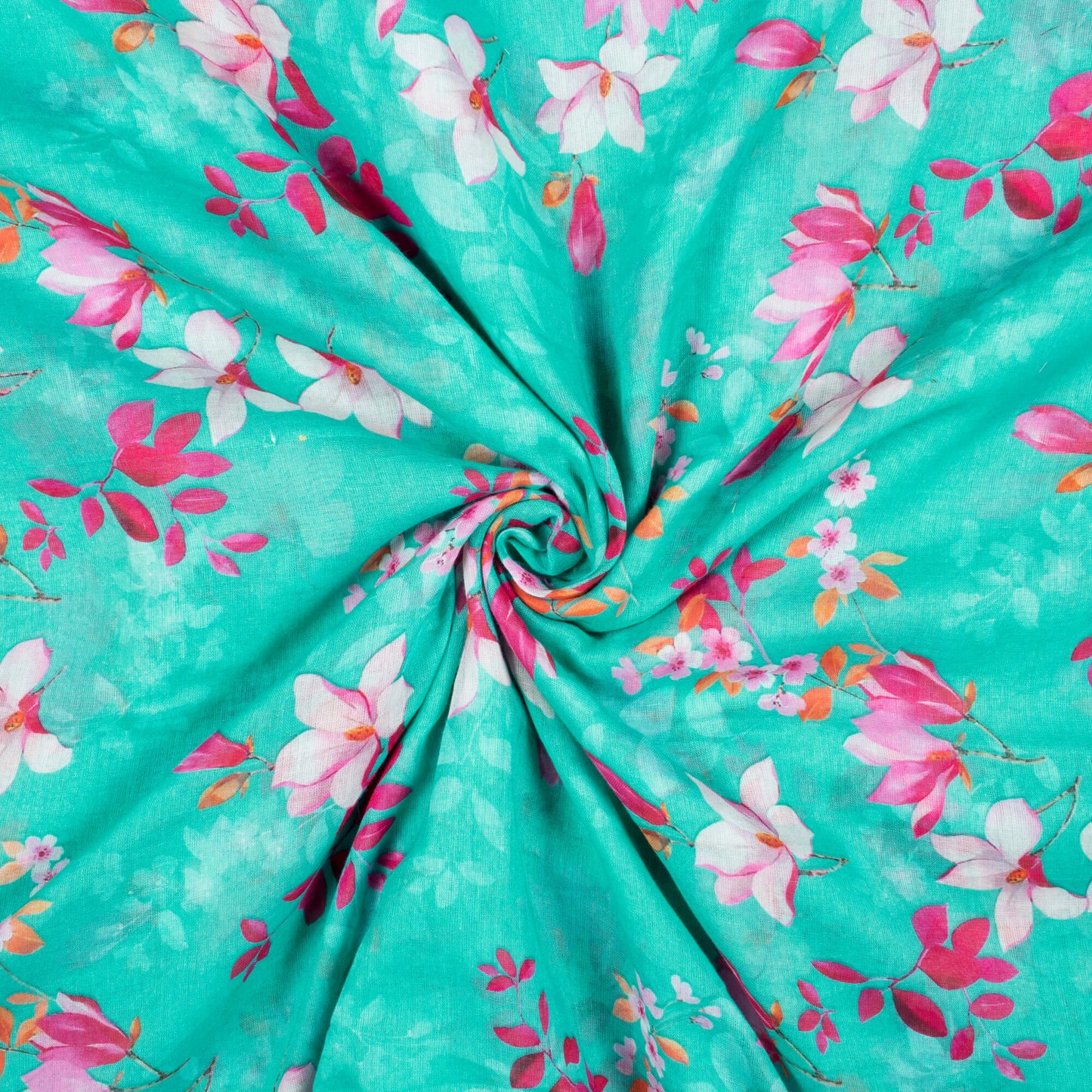 Turquoise Blue And Magenta Pink Floral Pattern Digital Print Pure Cotton Mulmul Fabric - Fabcurate