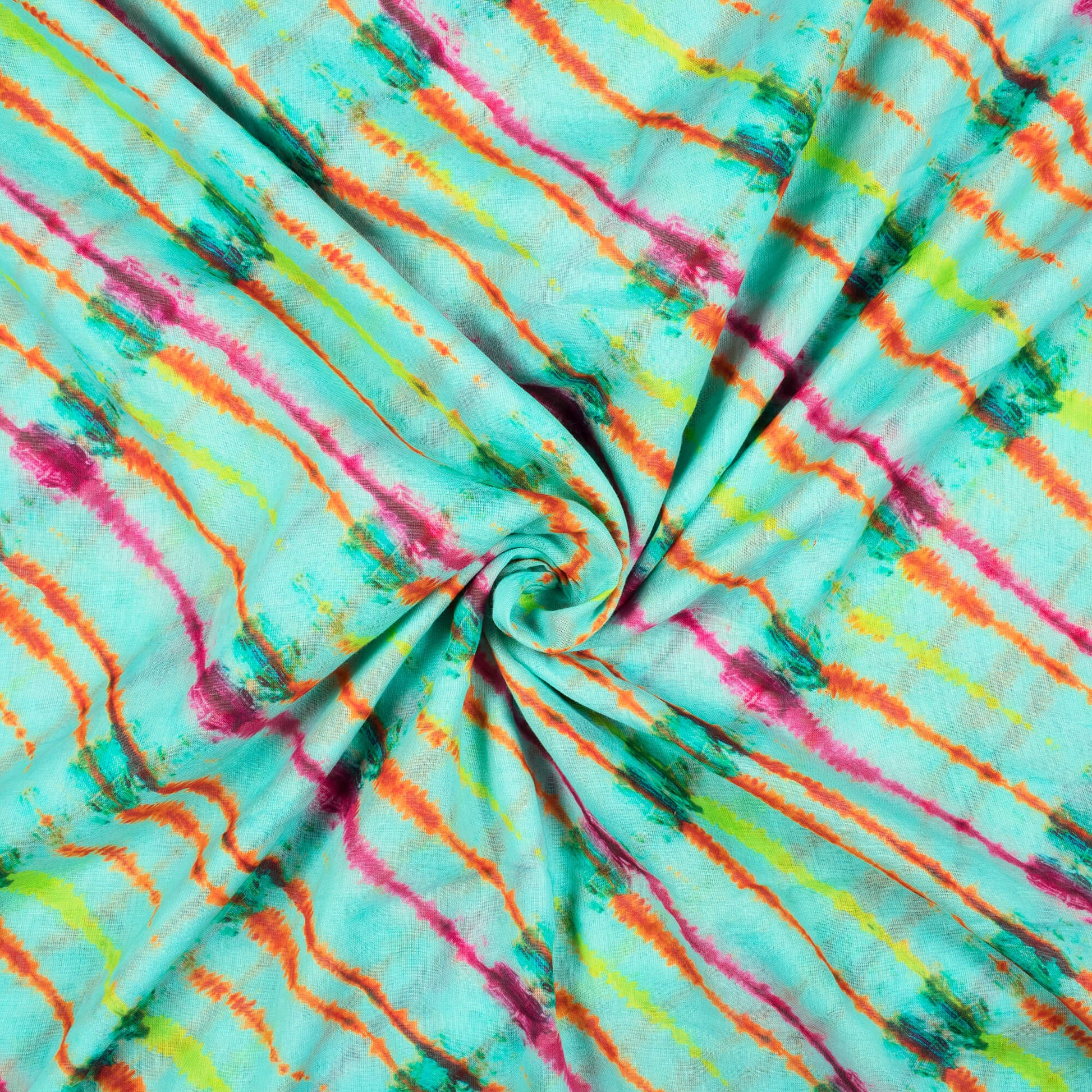 Electric Blue And Orange Shibori Pattern Digital Print Pure Cotton Mulmul Fabric - Fabcurate