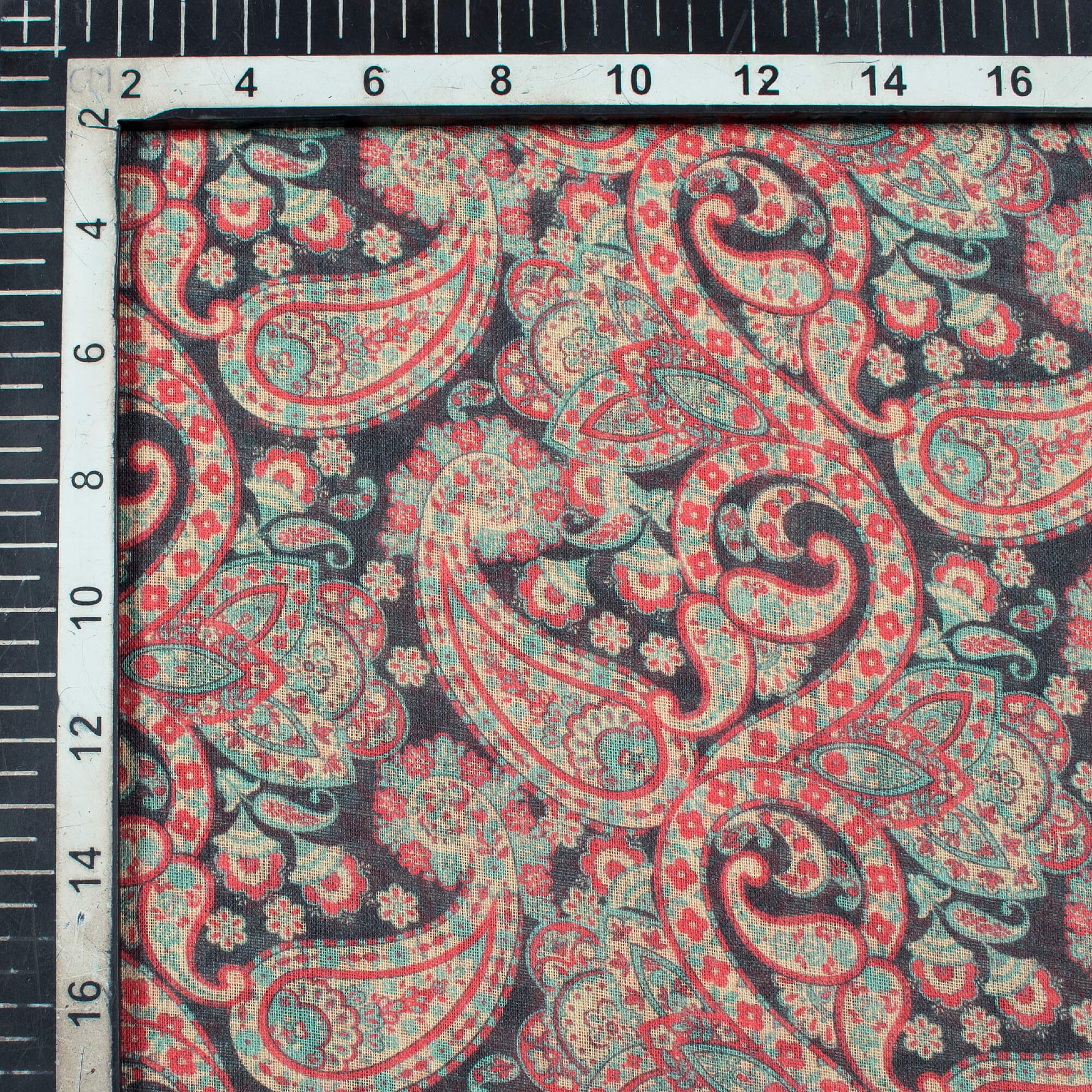 Orange And Black Paisely Pattern Digital Print Pure Cotton Mulmul Fabric - Fabcurate