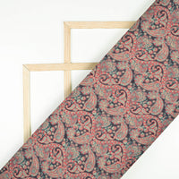 Orange And Black Paisely Pattern Digital Print Pure Cotton Mulmul Fabric - Fabcurate