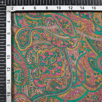 Mustard Yellow And Turquoise Blue Paisley Pattern Digital Print Pure Cotton Mulmul Fabric