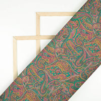 Mustard Yellow And Turquoise Blue Paisley Pattern Digital Print Pure Cotton Mulmul Fabric