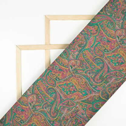 Mustard Yellow And Turquoise Blue Paisley Pattern Digital Print Pure Cotton Mulmul Fabric
