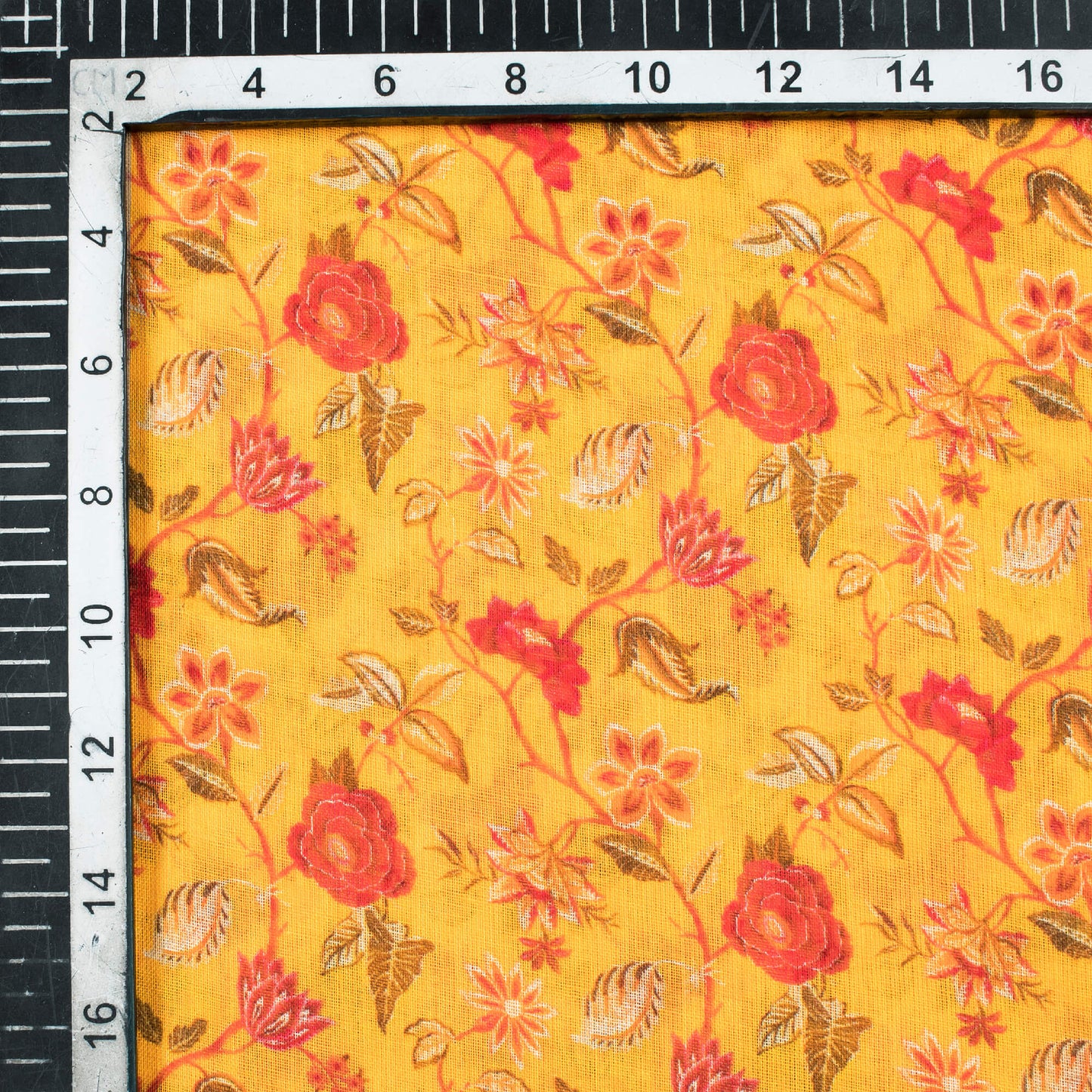 Merigold Yellow And Red Floral Pattern Digital Print Pure Cotton Mulmul Fabric - Fabcurate