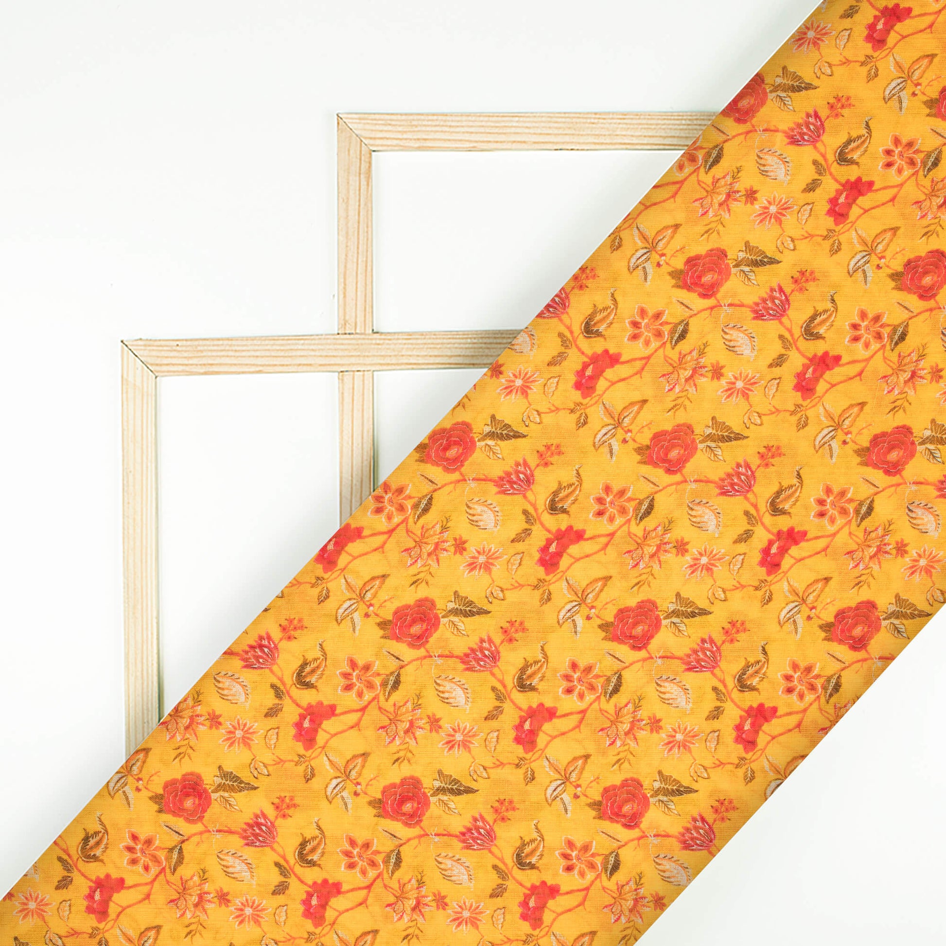 Merigold Yellow And Red Floral Pattern Digital Print Pure Cotton Mulmul Fabric - Fabcurate