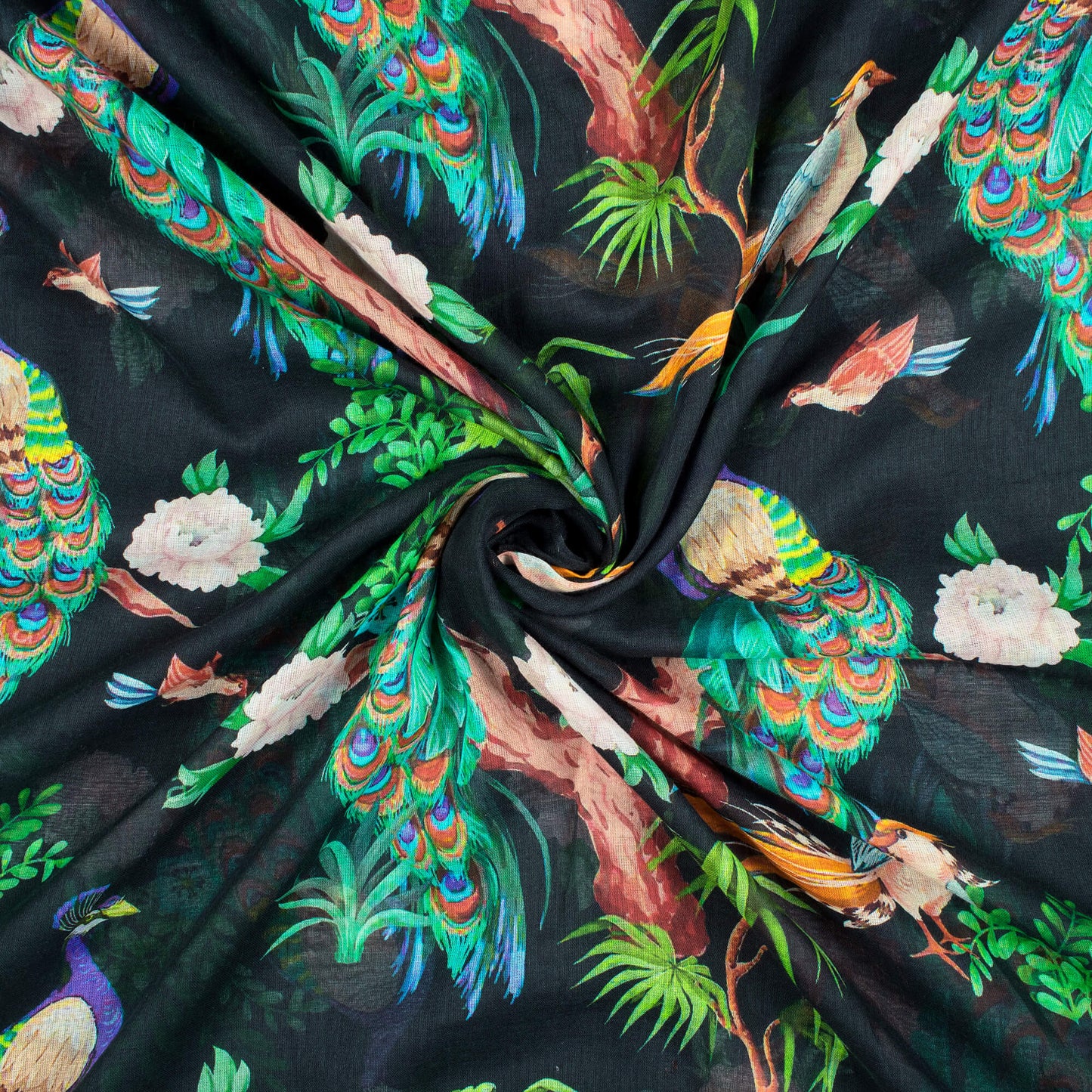 Black And Turquoise Blue Peacock Feather Pattern Digital Print Pure Cotton Mulmul Fabric - Fabcurate