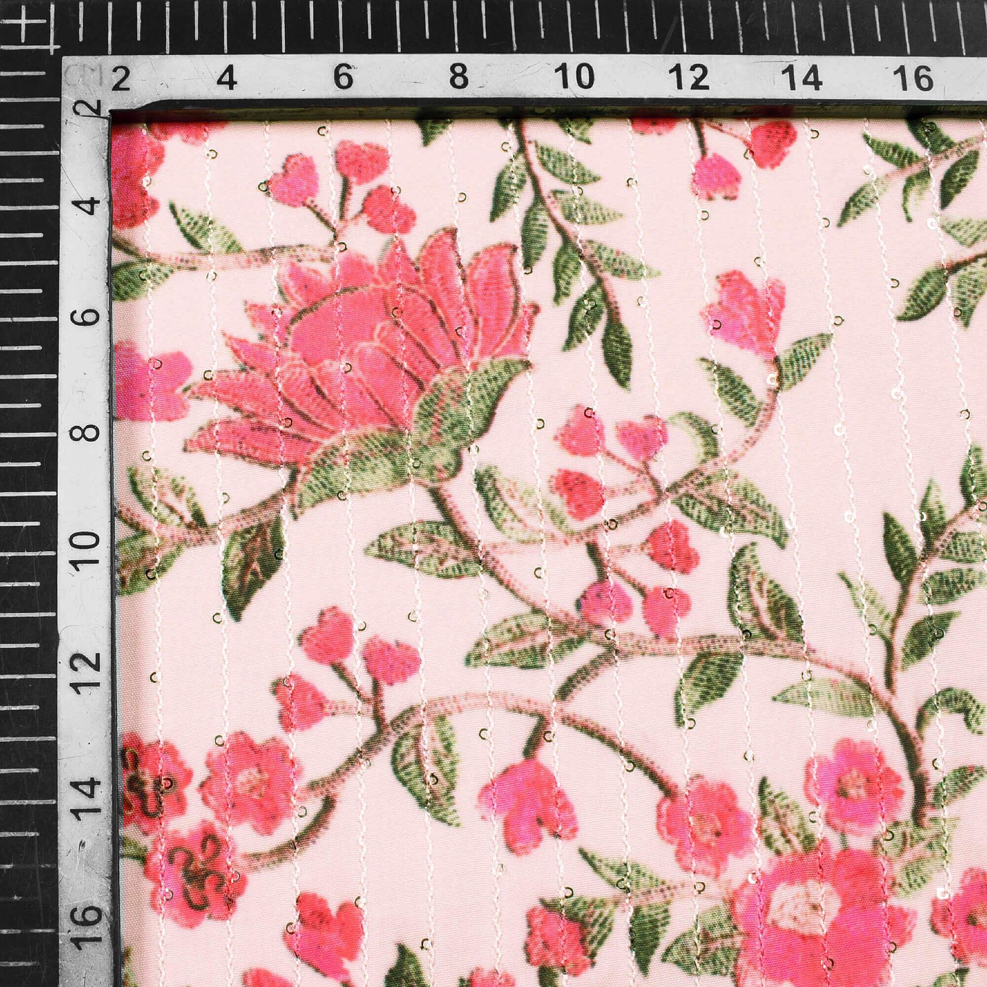 Brick Pink And Beige Floral Pattern Digital Print Sequins Ultra Premium Butter Crepe Fabric - Fabcurate