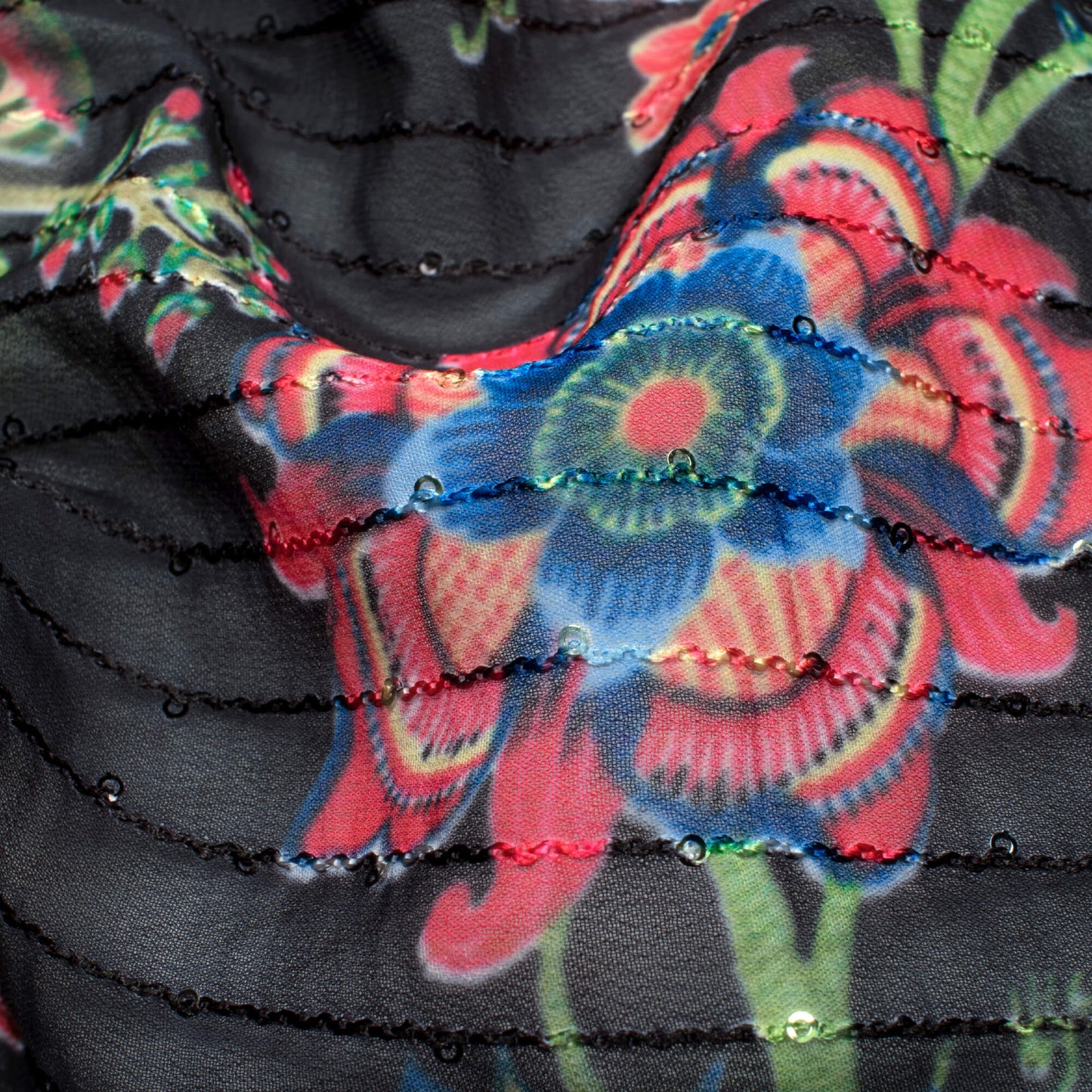 Black And Multi-Color Floral Pattern Digital Print Sequins Premium Georgette Fabric - Fabcurate