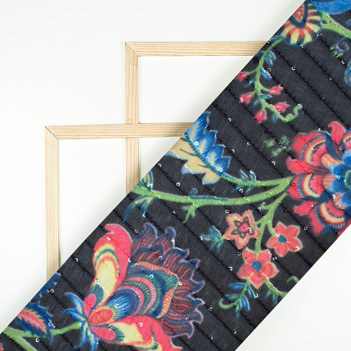 Black And Multi-Color Floral Pattern Digital Print Sequins Premium Georgette Fabric - Fabcurate