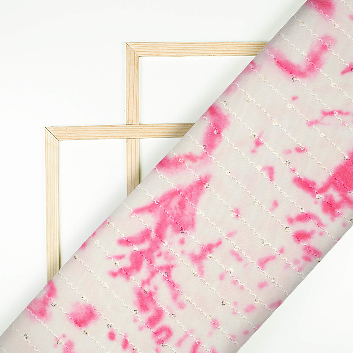 Fuchsia And White Tie & Dye Pattern Digital Print Sequins Premium Georgette Fabric - Fabcurate