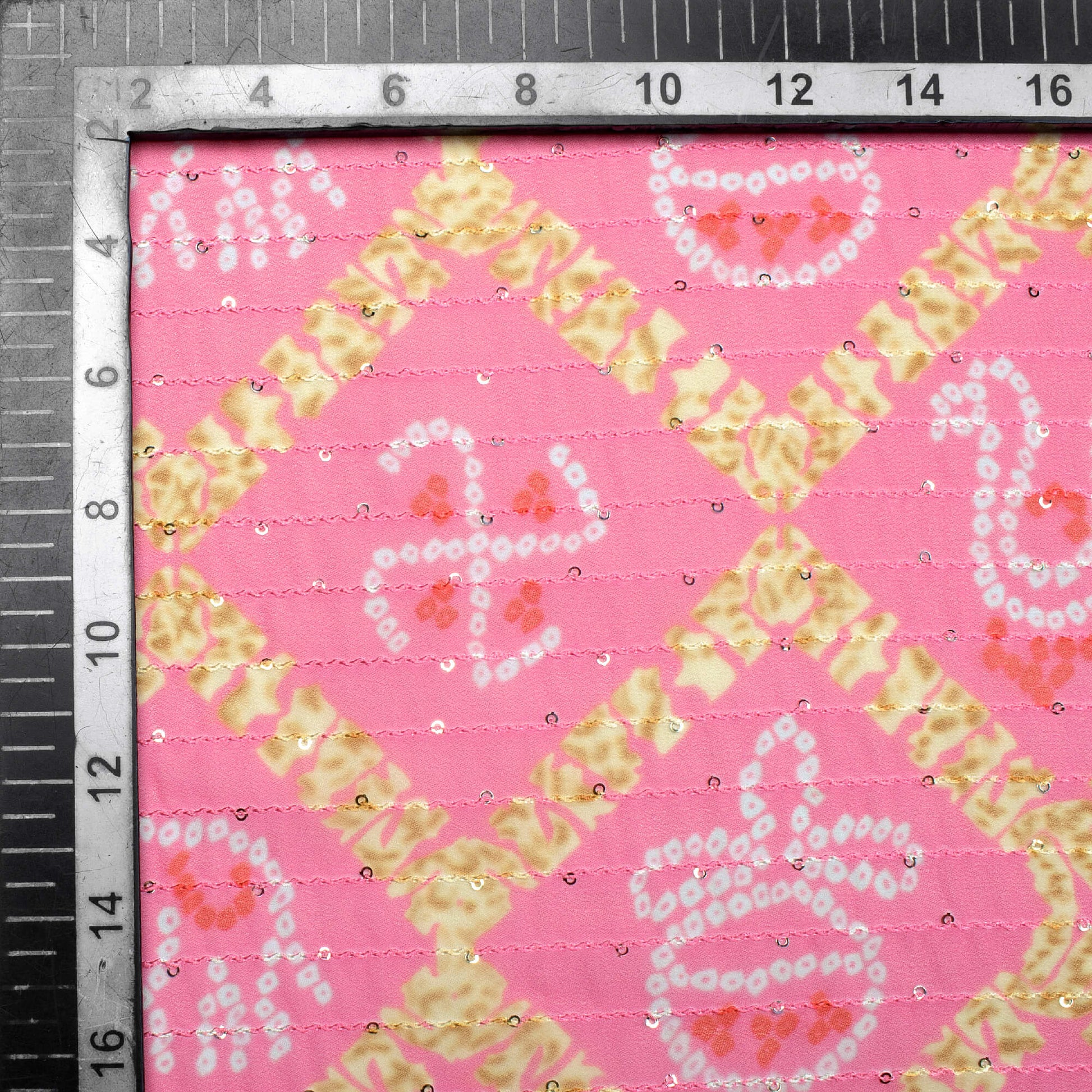 Pink And Laguna Yellow Patola Pattern Digital Print Sequins Premium Georgette Fabric - Fabcurate