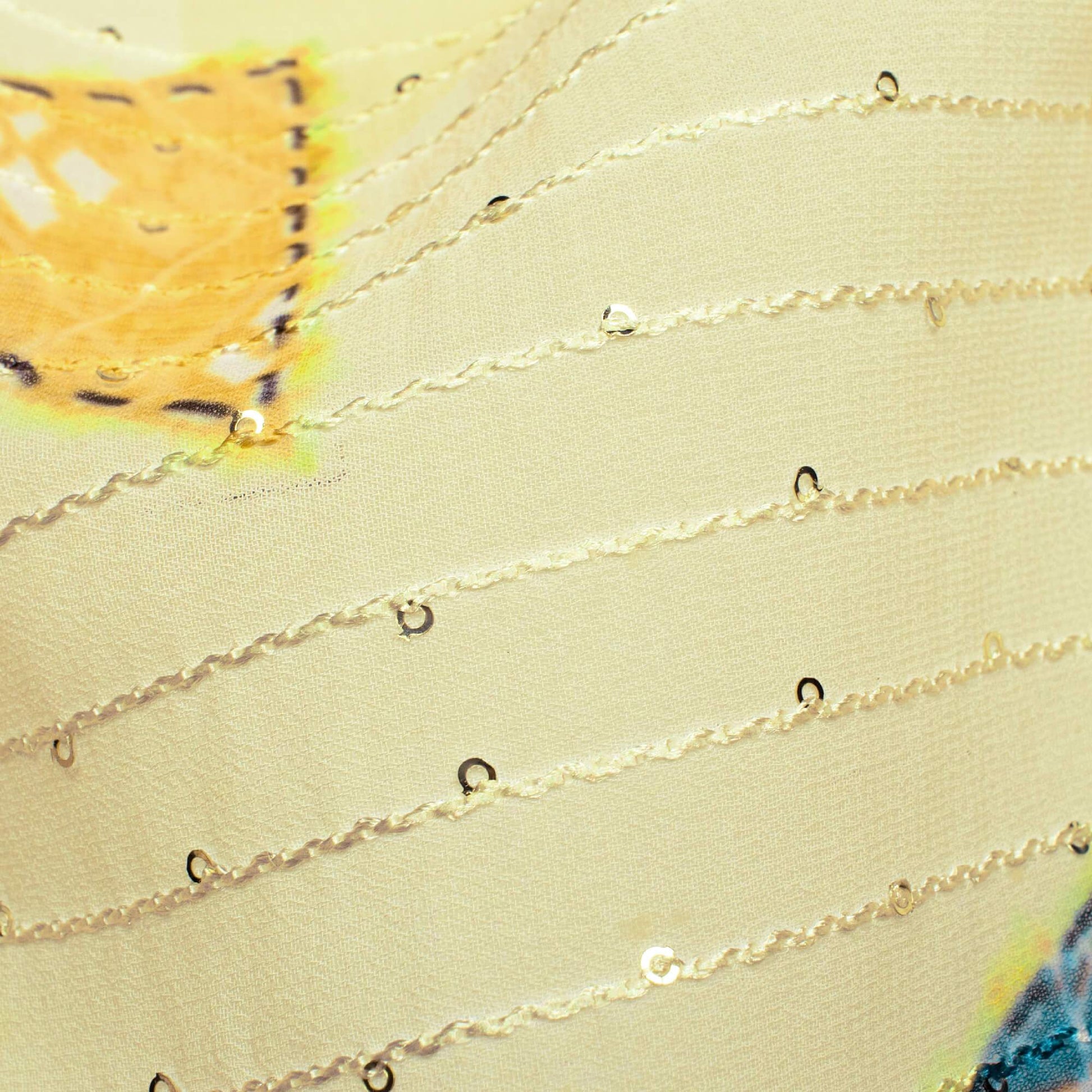 Cream And Multi-Color Geometric Pattern Digital Print Sequins Premium Georgette Fabric - Fabcurate