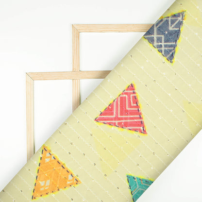Cream And Multi-Color Geometric Pattern Digital Print Sequins Premium Georgette Fabric - Fabcurate