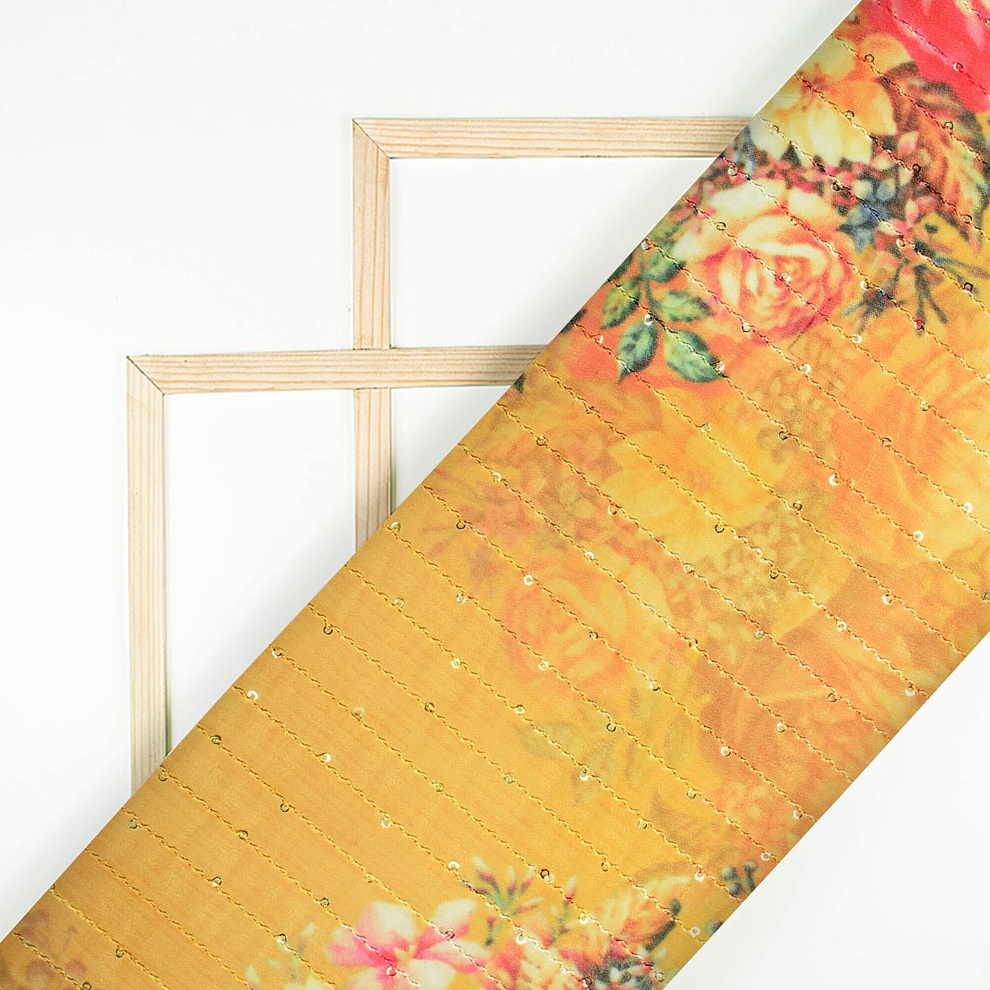 Honey Yellow And Orange Floral Pattern Digital Print Premium Sequins Georgette Fabric