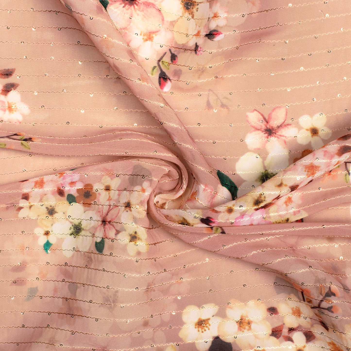 Peach And Cream Floral Pattern Digital Print Sequins Premium Georgette Fabric - Fabcurate