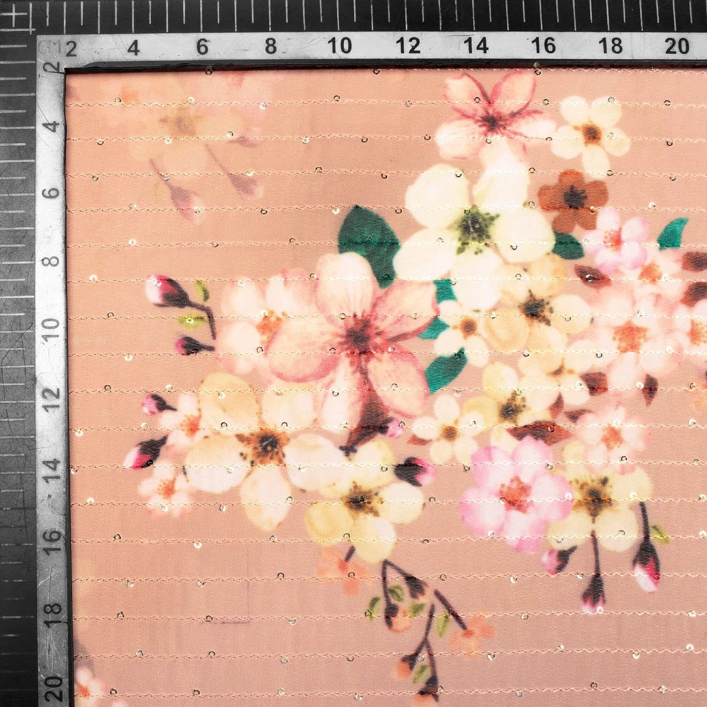 Peach And Cream Floral Pattern Digital Print Sequins Premium Georgette Fabric - Fabcurate