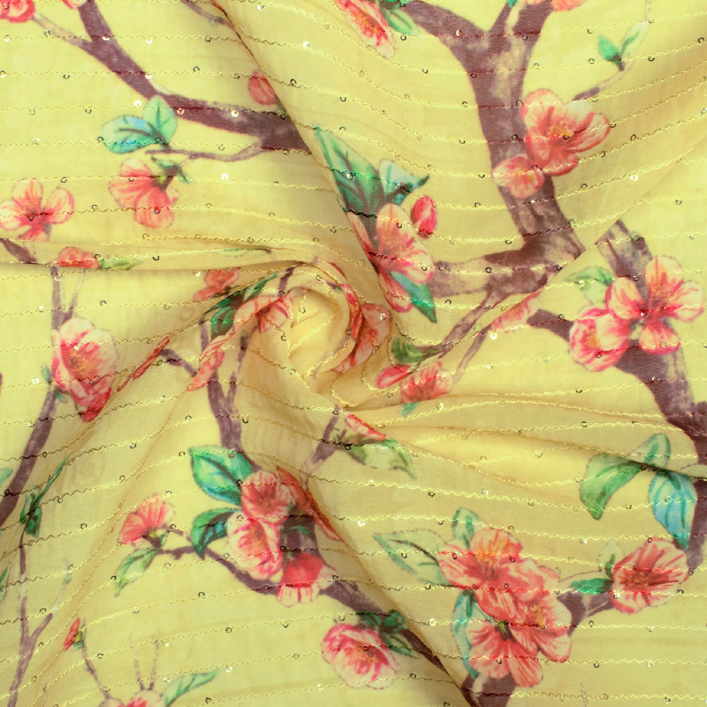 Laguna Yellow And Red Floral Pattern Digital Print Sequins Premium Georgette Fabric - Fabcurate