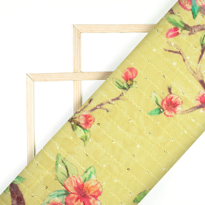 Laguna Yellow And Red Floral Pattern Digital Print Sequins Premium Georgette Fabric - Fabcurate