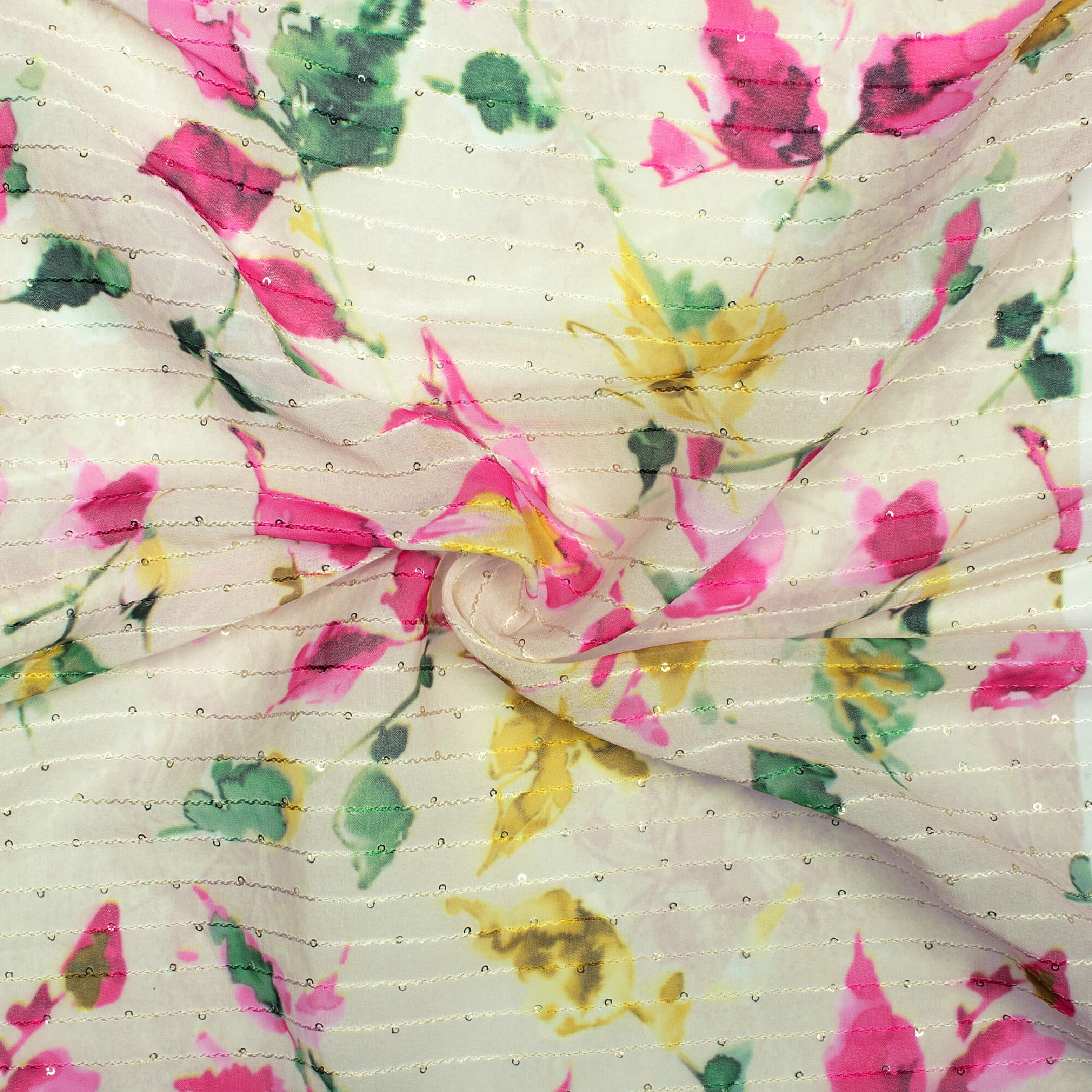 Magenta Pink And Beige Leaf Pattern Digital Print Sequins Premium Georgette Fabric - Fabcurate