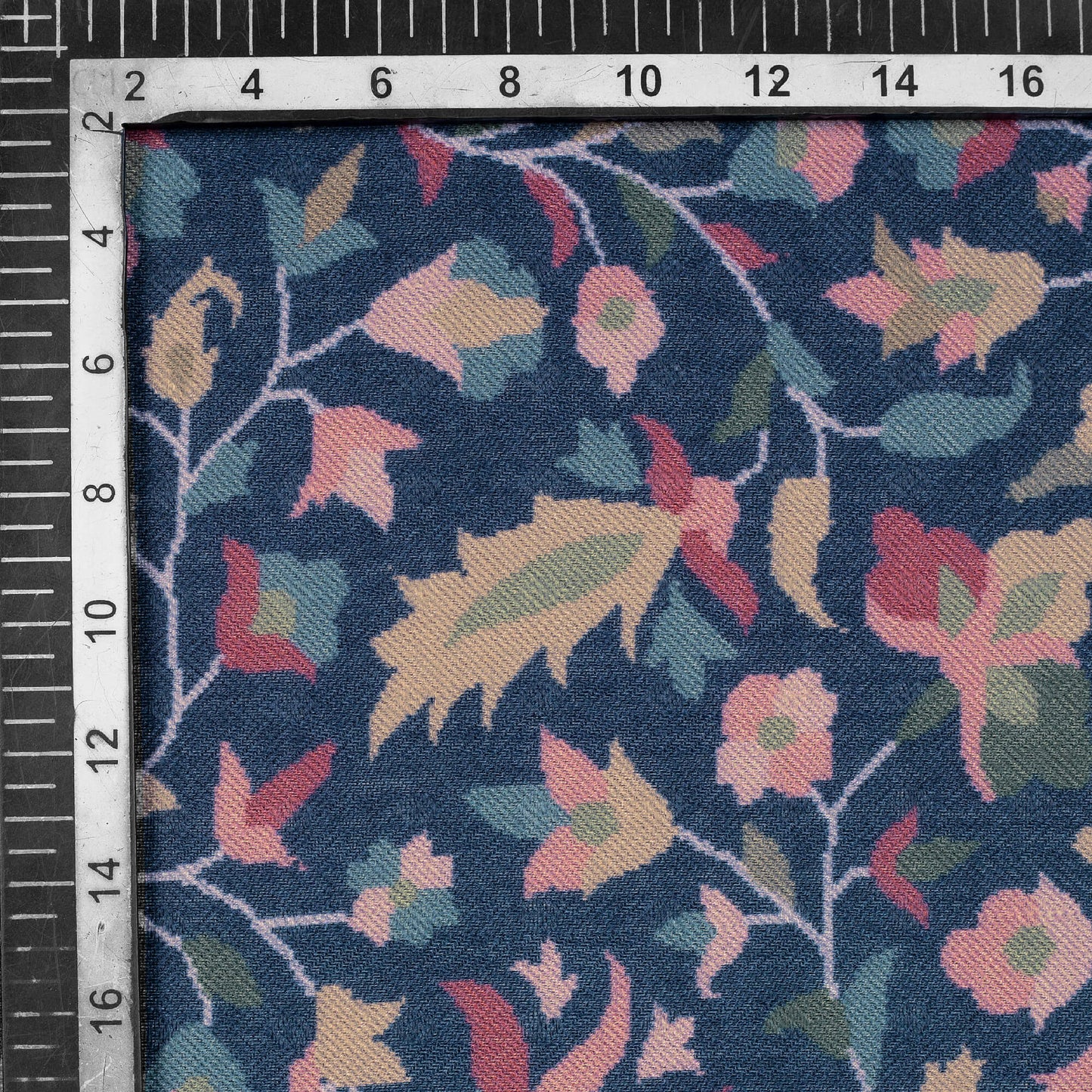 Prussian Blue And Red Floral Pattern Digital Print Elegant Blend Pashmina Fabric