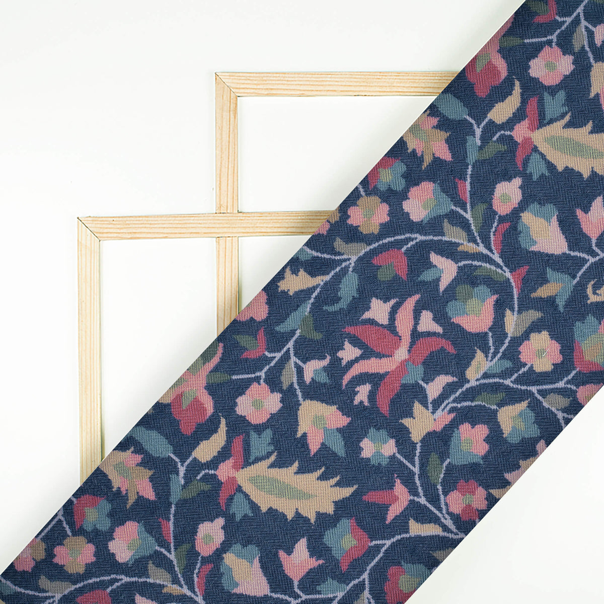 Prussian Blue And Red Floral Pattern Digital Print Elegant Blend Pashmina Fabric