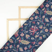 Prussian Blue And Red Floral Pattern Digital Print Elegant Blend Pashmina Fabric