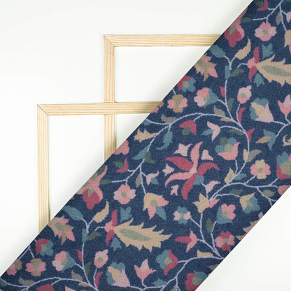 Prussian Blue And Red Floral Pattern Digital Print Elegant Blend Pashmina Fabric