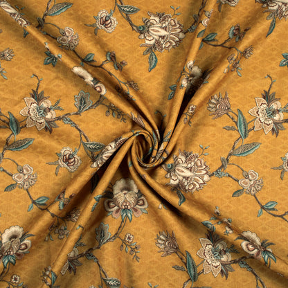 Dijjon Yellow And Brown Floral Pattern Digital Print Elegant Blend Pashmina Fabric
