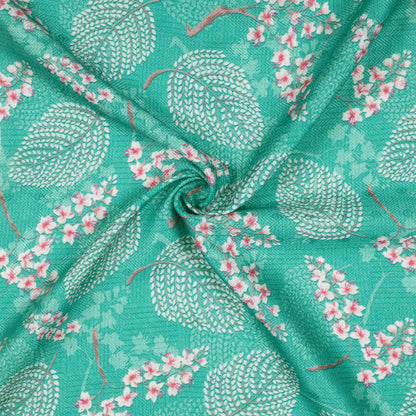 Turquoise Blue And Pink Leaf Pattern Digital Print Elegant Blend Pashmina Fabric - Fabcurate
