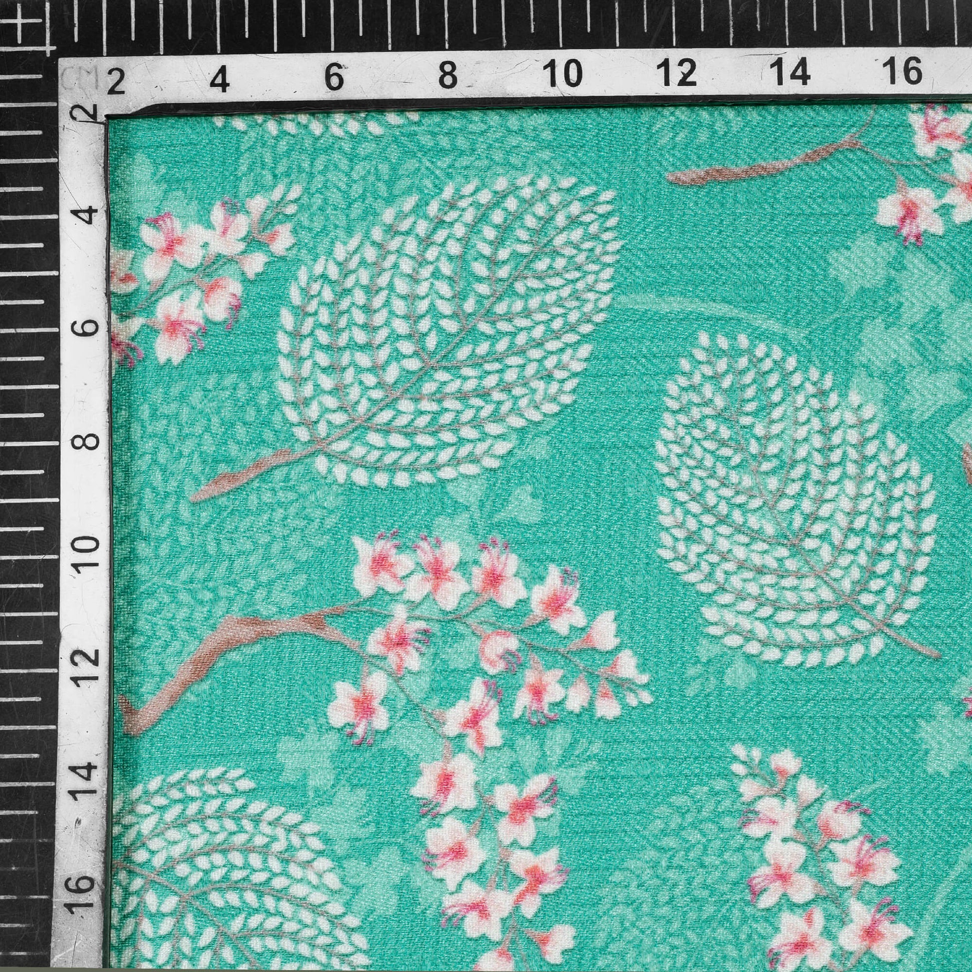 Turquoise Blue And Pink Leaf Pattern Digital Print Elegant Blend Pashmina Fabric - Fabcurate