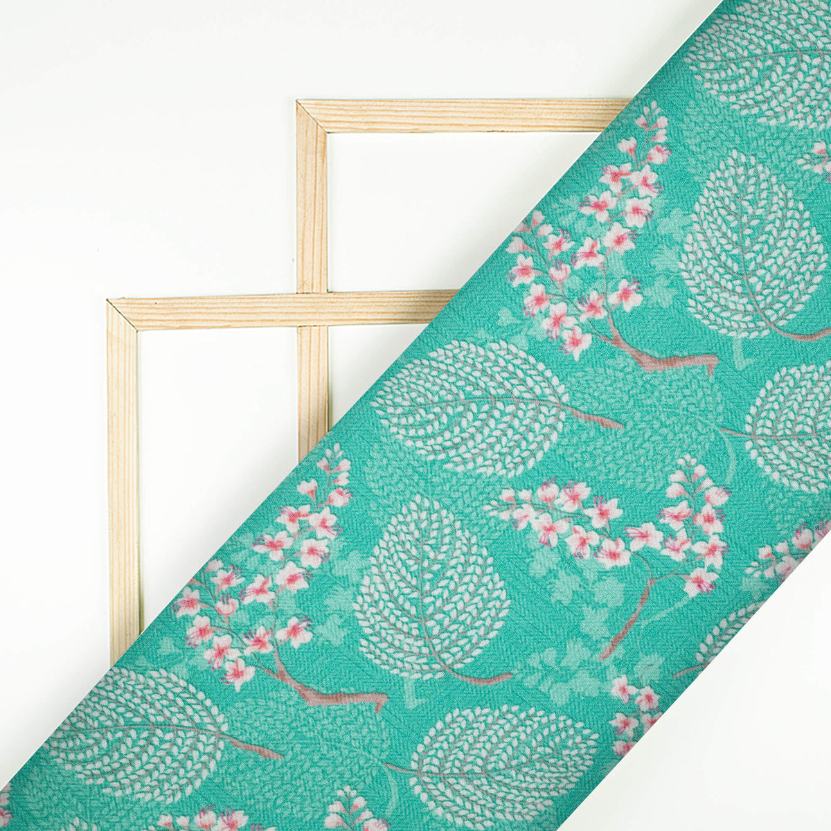 Turquoise Blue And Pink Leaf Pattern Digital Print Elegant Blend Pashmina Fabric - Fabcurate