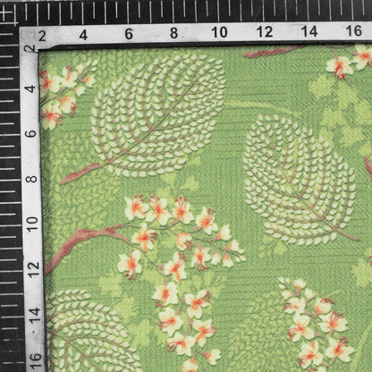 Moss Green And Pink Leaf Pattern Digital Print Elegant Blend Pashmina Fabric - Fabcurate