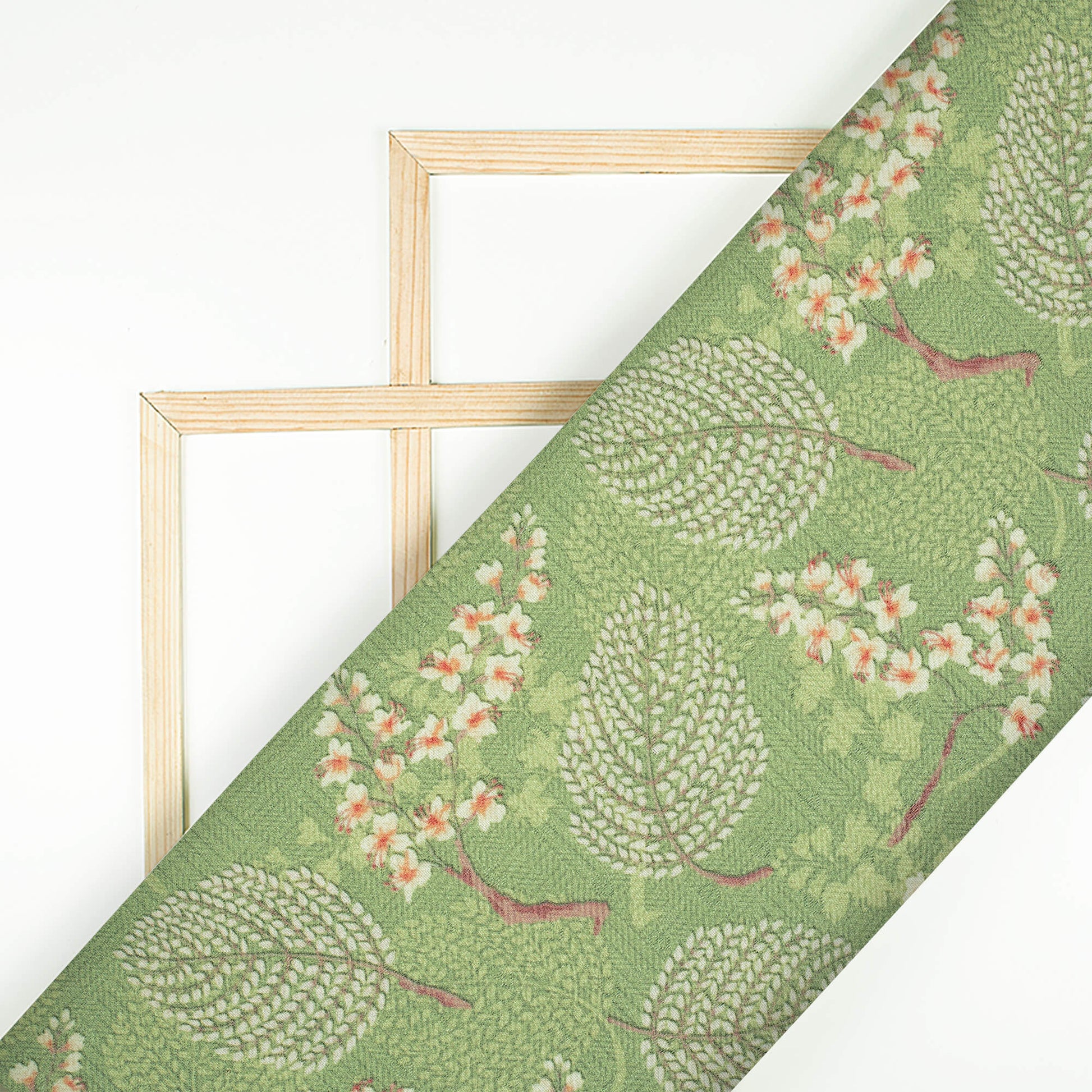 Moss Green And Pink Leaf Pattern Digital Print Elegant Blend Pashmina Fabric - Fabcurate
