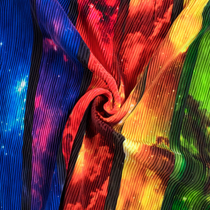 Multi-Color Galaxy Pattern Digital Print Crepe Satin Pleated Fabric - Fabcurate