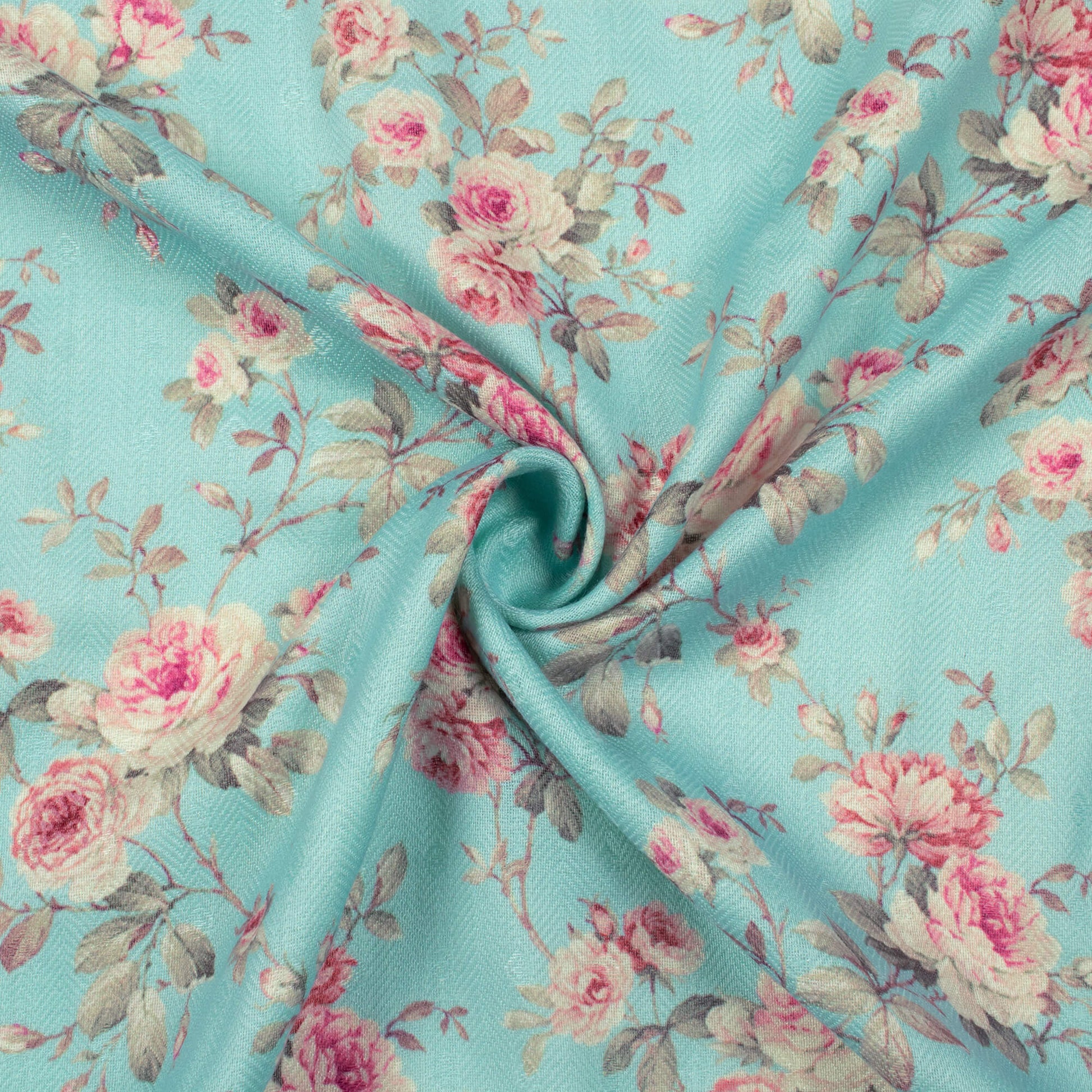 Sky Blue And Pink Floral Pattern Digital Print Elegant Blend Pashmina Fabric - Fabcurate