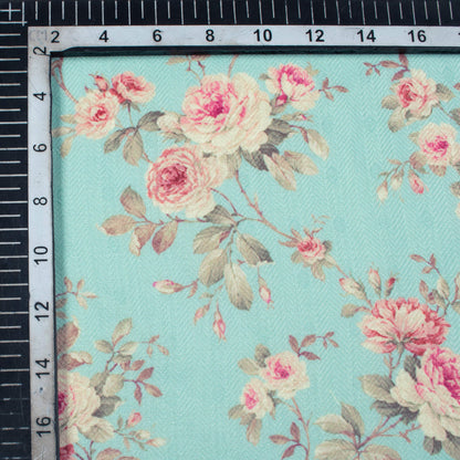 Sky Blue And Pink Floral Pattern Digital Print Elegant Blend Pashmina Fabric - Fabcurate