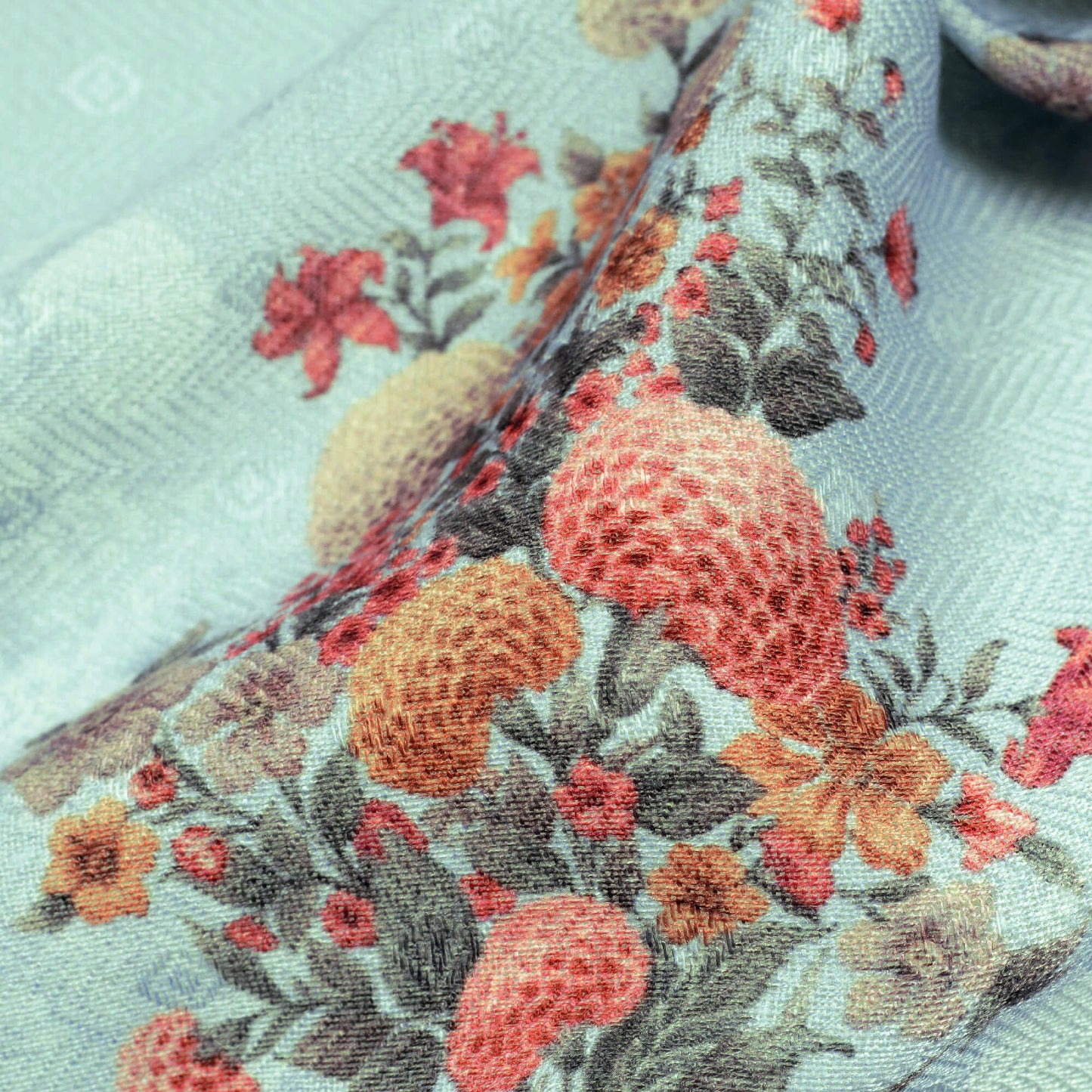 Jordy Blue And Red Floral Pattern Digital Print Elegant Blend Pashmina Fabric